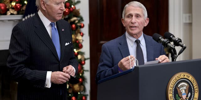 Anthony Fauci (R), director of the National Institute of Allergy and Infectious Diseases and chief medical adviser to the president, speaks alongside U.S. President Biden as he delivers remarks on the Omicron COVID-19 variant following a meeting of the COVID-19 response team at the White House on Nov. 29, 2021 in Washington, D.C. (Photo by Anna Moneymaker/Getty Images)