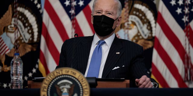 President Joe Biden speaks during a hybrid virtual roundtable with CEOs and leaders of retail, consumer products firms, and grocery store chains on Nov. 29, 2021, in Washington. Biden spoke on his administration’s plans to keep stores supplied ahead of the holiday season. (Anna Moneymaker/Getty Images)