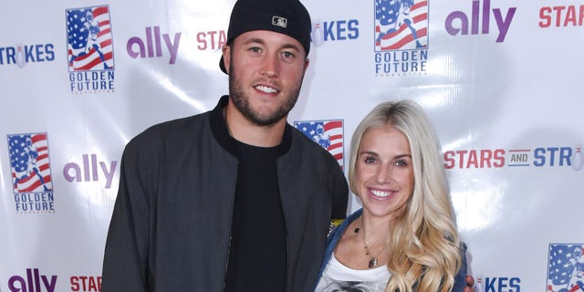 DETROIT, MI - SEPTEMBER 11:  Matthew Stafford and Kelly Stafford arrive to Golden Tate's 3rd Annual Stars and Strikes Bowling Event on September 11, 2017 in Detroit, Michigan. 