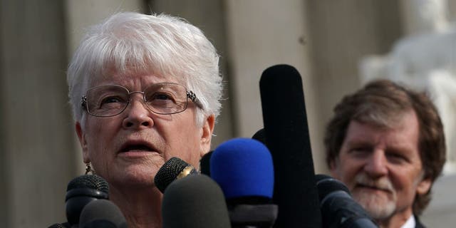 Floral artist Barronelle Stutzman (L) speaks to members of the media in front of the U.S. Supreme Court as cake artist Jack Phillips (R) looks on December 5, 2017 in Washington, DC. The Supreme Court heard oral arguments in the Masterpiece Cakeshop v. Colorado Civil Rights Commission case.