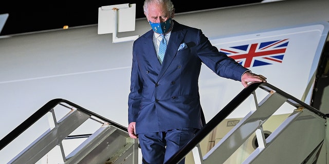 Prince Charles arrives at Bridgetown Airport on Nov. 28, 2021, in Bridgetown, Barbados.