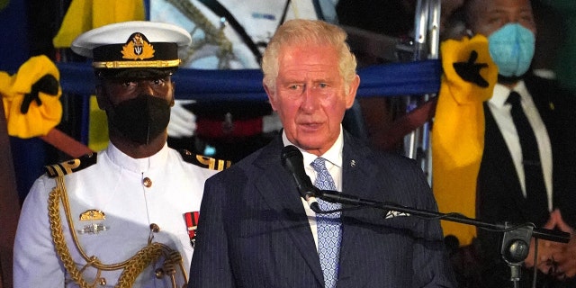 Prince Charles, Prince of Wales gives a speech during the Presidential Inauguration Ceremony at Heroes Square on Nov. 30, 2021, in Bridgetown, Barbados.
