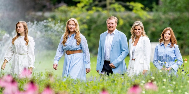 King Willem-Alexander and Queen Maxima of the Netherlands and Princess Amalia, Princess Alexia and Princess Ariane during the annual summer photo call at their residence, Huis ten Bosch Palace, July 17, 2020, in The Hague, Netherlands.