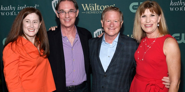 Former cast members from left to right: Kami Cotler, Richard Thomas, Eric Scott and Judy Norton pose during the screening and reception celebrating 'The Waltons' Homecoming' at The Garland on November 13, 2021 in North Hollywood, California.