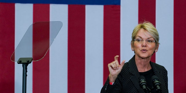 Secretary of Energy Jennifer Granholm speaks during a clean energy event inside Port Authority Hangar 19 at JFK airport in New York, Monday, Nov. 1, 2021.