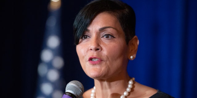 FILE - In this Sept. 1, 2021, file photo, Virginia Democratic Lt. Governor candidate Hala Ayala addresses the Virginia FREE Leadership Luncheon in McLean, Va. Alaya will face Republican Winsome Sears in the November election. (AP Photo/Cliff Owen, File)