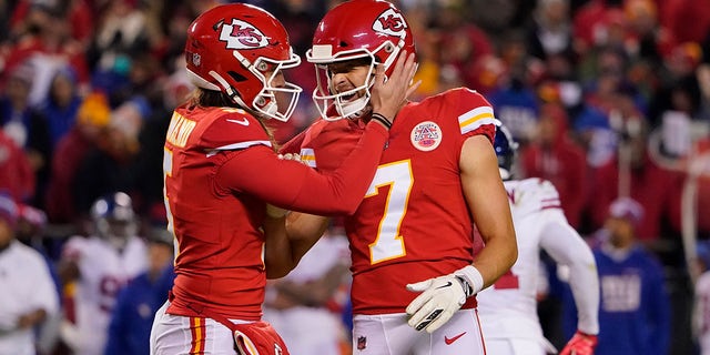 Kansas City Chiefs placekicker Harrison Butker (7) is congratulated by Tommy Townsend after making a 34-yard field goal late in the second half of a game against the New York Giants Nov. 1, 2021, in Kansas City, Mo. 