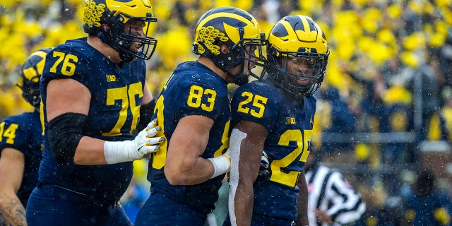 Michigan offensive lineman Ryan Hayes (76) and tight end Erick All (83) celebrates a touchdown by running back Hassan Haskins (25) in the second quarter of an NCAA college football game against Ohio State in Ann Arbor, 自分。, 土曜日, 11月. 27, 2021.