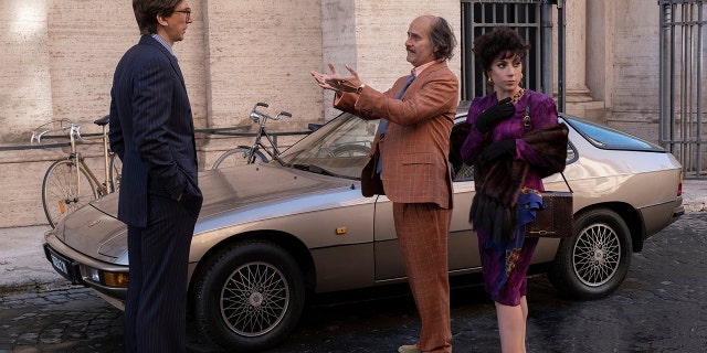 Left to right: Adam Driver as Maurizio Gucci, Jared Leto as Paolo Gucci and Lady Gaga as Patrizia Reggiani in 'House of Gucci.'