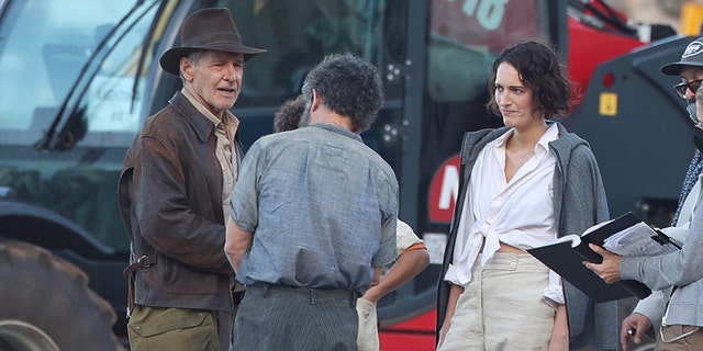 Harrison Ford, Antonio Banderas, Phoebe Waller-Bridge are seen on the set of "Indiana Jones 5" in Sicily on October 18, 2021 in Castellammare del Golfo, Italy.