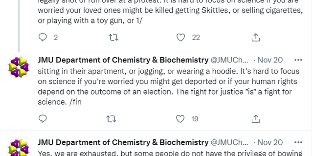 James Madison University Chemistry Department Twitter screenshot.