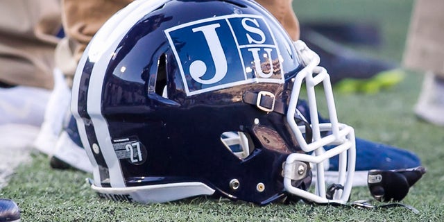 A JSU branded helmet on the sideline prior to the Southern Heritage Classic game between the Jackson State University Tigers and the Tennessee State Tigers on Saturday Sept. 14, 2019 at Liberty Bowl Memorial Stadium in Memphis, TN. 