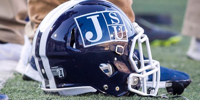 A JSU branded helmet on the sideline prior to the Southern Heritage Classic game between the Jackson State University Tigers and the Tennessee State Tigers on Saturday Sept. 14, 2019 at Liberty Bowl Memorial Stadium in Memphis, TN.