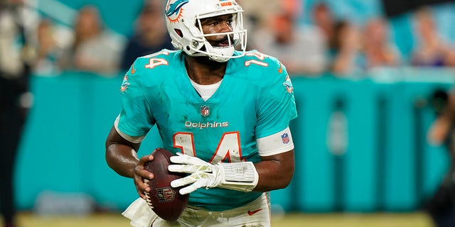 Dolphins quarterback Jacoby Brissett aims a pass against the Baltimore Ravens, Nov. 11, 2021, in Miami Gardens, Florida.