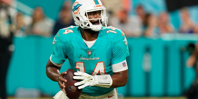 Dolphins quarterback Jacoby Brissett aims a pass against the Baltimore Ravens, Nov. 11, 2021, in Miami Gardens, Florida.