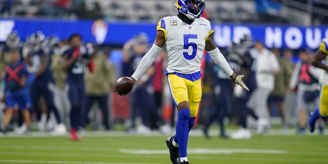 Los Angeles Rams cornerback Jalen Ramsey reacts after an interception during the first half of an NFL football game against the Tennessee Titans, Sunday, November 7, 2021, in Inglewood, California.