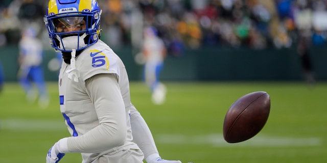 Los Angeles Rams' Jalen Ramsey warms up before an NFL football game against the Green Bay Packers on Sunday, November 28, 2021 in Green Bay, Wisconsin.