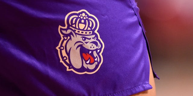 The James Madison Dukes logo on their uniform during the game against the Maryland Terrapins at Xfinity Center on Dec. 19, 2020 in College Park, Maryland.
