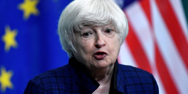 U.S. Treasury Secretary Janet Yellen speaks during a news conference with Irish Finance Minister Paschal Donohoe at Government buildings in Dublin, Ireland, Nov. 1, 2021.