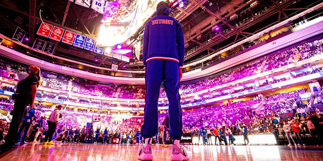 Detroit Pistons forward Jerami Grant looks on as the Philadelphia 76ers are introduced at Wells Fargo Center in Philadelphia on Oct. 28, 2021.