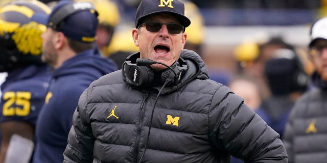 Michigan head coach Jim Harbaugh yells from the sideline against Ohio State, Saturday, Nov. 27, 2021, in Ann Arbor.