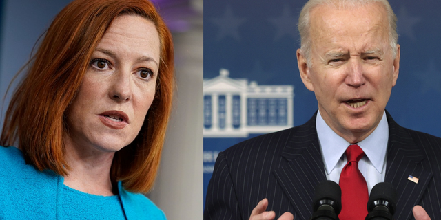 Left: White House press secretary Jen Psaki speaks during a press briefing at the White House, Monday, March 22, 2021, in Washington. (AP Photo/Evan Vucci) Right: WASHINGTON, DC - NOVEMBER 23: U.S. President Joe Biden speaks on the economy during an event at the South Court Auditorium at Eisenhower Executive Office Building on November 23, 2021 in Washington, DC. President Biden announced the release of 50 million barrels of oil from the Strategic Petroleum Reserve of the Department of Energy to combat high energy prices which are at a seven-year high across the nation prior to the holiday travel season. (Photo by Alex Wong/Getty Images)