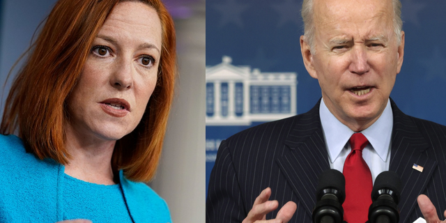 Left: White House press secretary Jen Psaki speaks during a press briefing at the White House, Monday, March 22, 2021, in Washington. (AP Photo/Evan Vucci) Right: WASHINGTON, DC - NOVEMBER 23: U.S. President Joe Biden speaks on the economy during an event at the South Court Auditorium at Eisenhower Executive Office Building on November 23, 2021 in Washington, DC. President Biden announced the release of 50 million barrels of oil from the Strategic Petroleum Reserve of the Department of Energy to combat high energy prices which are at a seven-year high across the nation prior to the holiday travel season. (Photo by Alex Wong/Getty Images)