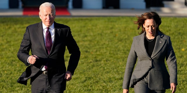 President Biden and Vice President Kamala Harris arrive for the signing of the $1.2 trillion bipartisan infrastructure bill on the South Lawn of the White House, Nov. 15, 2021.