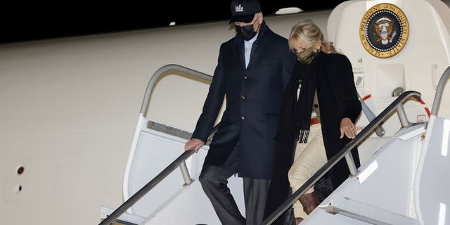 President Joe Biden and first lady Jill Biden disembark from Air Force One at Nantucket Island, Massachusetts, on Nov, 23, 2021. 