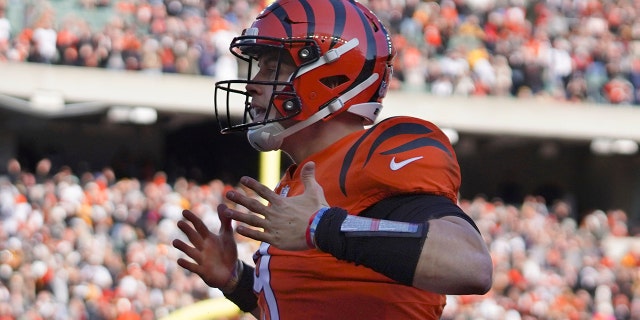 Cincinnati Bengals quarterback Joe Burrow celebrates after scoring a touchdown against the Pittsburgh Steelers during the first half of an NFL football game, 日曜日, 11月. 28, 2021, シンシナティで.