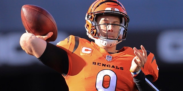 Cincinnati Bengals quarterback Joe Burrow looks to pass against the Pittsburgh Steelers during the first half of an NFL football game, Sunday, Nov. 28, 2021, in Cincinnati.