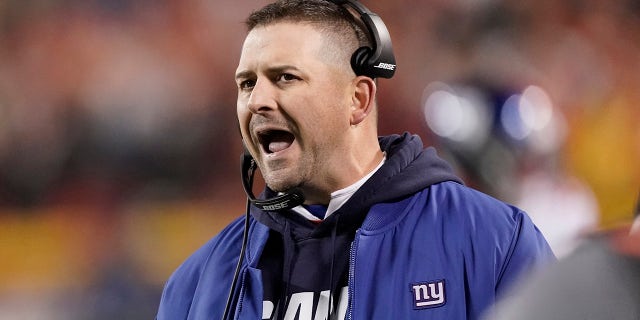 New York Giants head coach Joe Judge is seen of the sidelines during the first half of an NFL football game against the Kansas City Chiefs Monday, Nov. 1, 2021, in Kansas City, Mo.