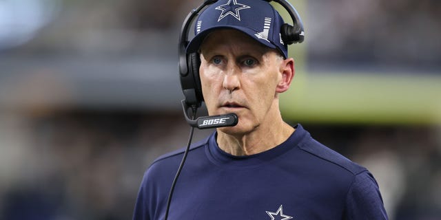 Nov 14, 2021; Arlington, Texas, USA; Dallas Cowboys offensive line coach Joe Philbin on the sidelines in the second half against the Atlanta Falcons at AT&;T Stadium.