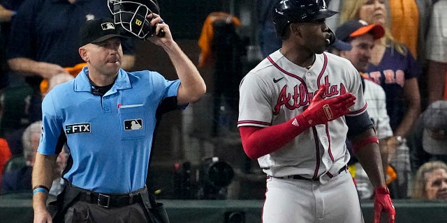 Atlanta Braves' Jorge Soler celebrates a three-run home run during the third inning in Game 6 of baseball's World Series between the Houston Astros and the Atlanta Braves Tuesday, Nov. 2, 2021, in Houston.