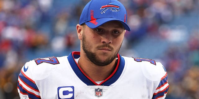 Josh Allen of the Buffalo Bills walks off the field after a loss against the Pittsburgh Steelers at Highmark Stadium on Sept. 12, 2021, in Orchard Park, New York.