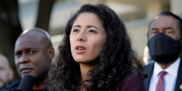 Houston County Judge Lina Hidalgo, center, flanked by Houston Police Chief Troy Finner, left, and U.S. Rep. Al Green, right, speaks during a news conference, Saturday, Nov. 6, 2021, in Houston, after several people died and scores were injured during a music festival the night before. 