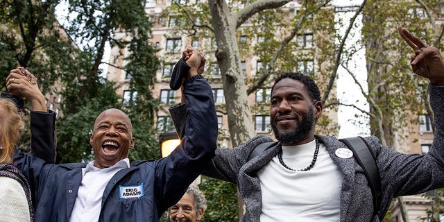 NEW YORK, NY - OCTOBER 24: New York City mayoral candidate Eric Adams and public lawyer Jumaane Williams join Democratic Party "Get out of the poll" meet nine days before the election in New York City on October 24, 2021 in the Upper West Side neighborhood of Manhattan, New York City.  (Photo by Andrew Lichtenstein / Corbis via Getty Images)"