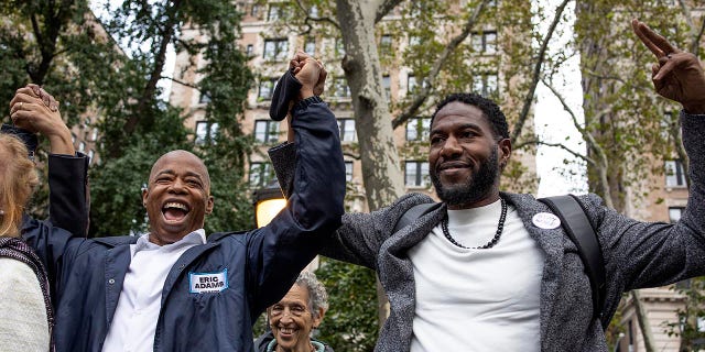 NEW YORK, NY - OCTOBER 24: New York City mayoral candidate Eric Adams and Public Advocate Jumaane Williams attend a Democratic Party "Get Out the Vote" rally nine days before New York City elections on October 24, 2021 in the Upper West Side neighborhood of Manhattan, New York City. (Photo by Andrew Lichtenstein/Corbis via Getty Images)"