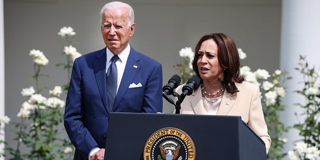 Vice President Kamala Harris delivers remarks, as President Joe Biden looks on, in the Rose Garden of the White House on July 26, 2021, in Washington, DC. (Anna Moneymaker/Getty Images)