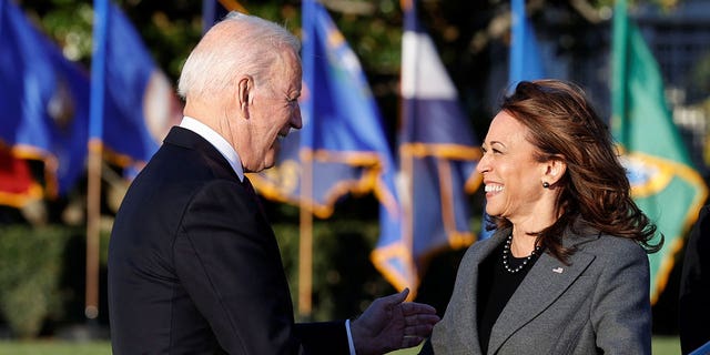 President Biden and Vice President Kamala Harris greet each other on the South Lawn outside the White House in Washington, Nov. 15, 2021.