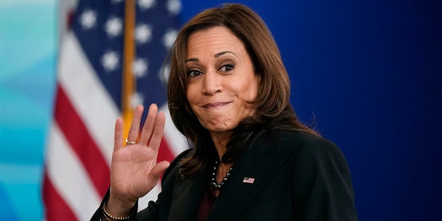 Vice President Kamala Harris waves as she departs after speaking at the Tribal Nations Summit in the South Court Auditorium on the White House campus, Tuesday, Nov. 16, 2021, in Washington, D.C.