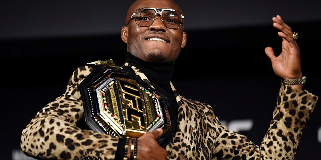 NEW YORK, NEW YORK - NOVEMBER 04: Kamaru Usman of Nigeria poses during the UFC 268 press conference at The Hulu Theater at Madison Square Garden on November 04, 2021 in New York City.
