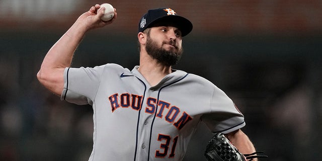 Houston Astros relief pitcher Kendall Graveman during the eighth inning in Game 5 of baseball's World Series between the Houston Astros and the Atlanta Braves Sunday, Oct. 31, 2021, in Atlanta.