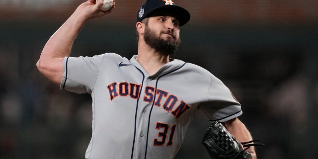 Houston Astros relief pitcher Kendall Graveman during the eighth inning in Game 5 of baseball's World Series between the Houston Astros and the Atlanta Braves Sunday, Oct. 31, 2021, in Atlanta.