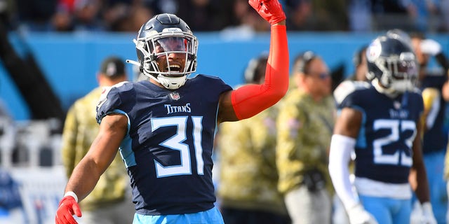 Tennessee Titans free safety Kevin Byard (31) celebrates after the Titans recovered a failed kickoff by the New Orleans Saints in the second half of an NFL football game on Sunday, November 14, 2021 in Nashville, Tennessee.