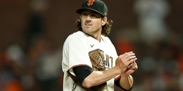 SAN FRANCISCO, CA - OCTOBER 09: Kevin Gausman #34 of the San Francisco Giants looks on between pitches during Game 2 of the NLDS between the Los Angeles Dodgers and the San Francisco Giants at Oracle Park on Saturday, October 9, 2021 in San Francisco, California.