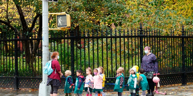 Line of pre-school children crossing street with teacher. 
