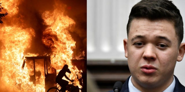 Left: A man on a bike rides past a city truck on fire outside the Kenosha County Courthouse in Kenosha, Wisconsin, U.S., during protests following the police shooting of Black man Jacob Blake August 23, 2020. Picture taken August 23, 2020. Mike De Sisti/Milwaukee Journal Sentinel via USA TODAY via REUTERS MANDATORY CREDIT Right: