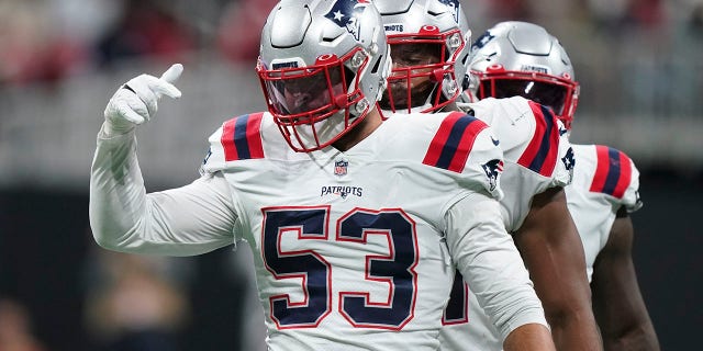 New England Patriots middle linebacker Kyle Van Noy (53) celebrates tackling Atlanta Falcons quarterback Matt Ryan during the first half of an NFL football game, Thursday, Nov. 18, 2021, in Atlanta.