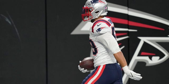 New England Patriots middle linebacker Kyle Van Noy (53) runs into the end zone after an interception for a touchdown against the Atlanta Falcons during the second half of an NFL football game, Thursday, Nov. 18, 2021, in Atlanta. The New England Patriots won 25-0.